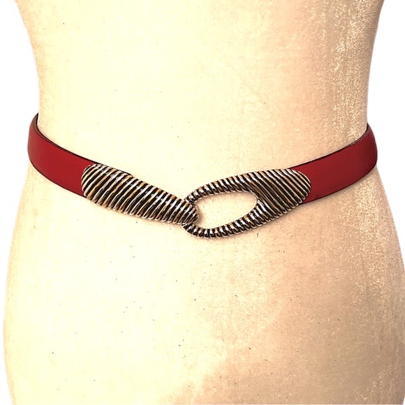 Chicos red leather belt adjustable gold & silver toned buckle - Picture 3 of 9